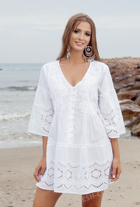1367 F-1c Туника M-2XL (4), 83 см, белый с зеленой вышивкой | fresh-cotton.com